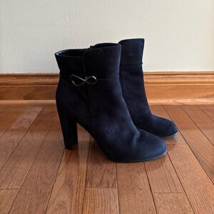 Navy Suede Heeled Boot with Silver Tone Hardware